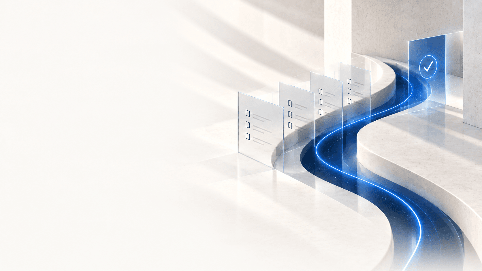 A controlled digital workflow represented as a clear path through approval stages