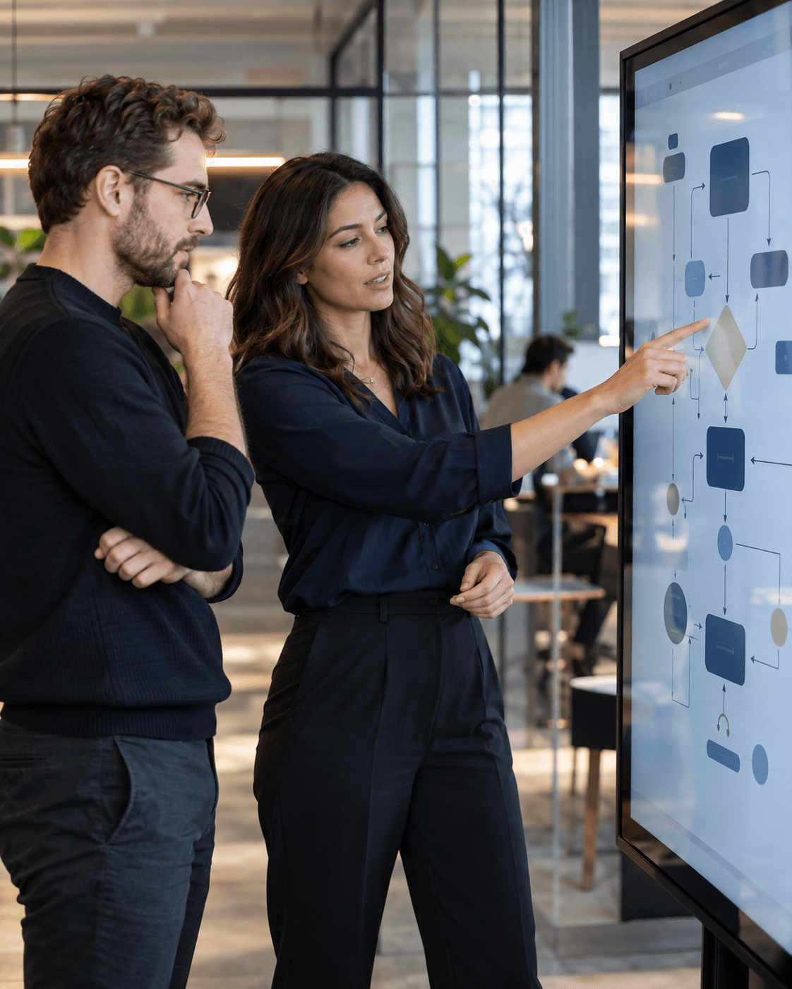 Two operations professionals mapping an automated workflow on a large display