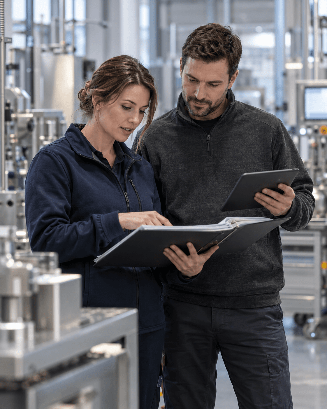 A validation specialist and engineer reviewing controlled evidence in a technical facility