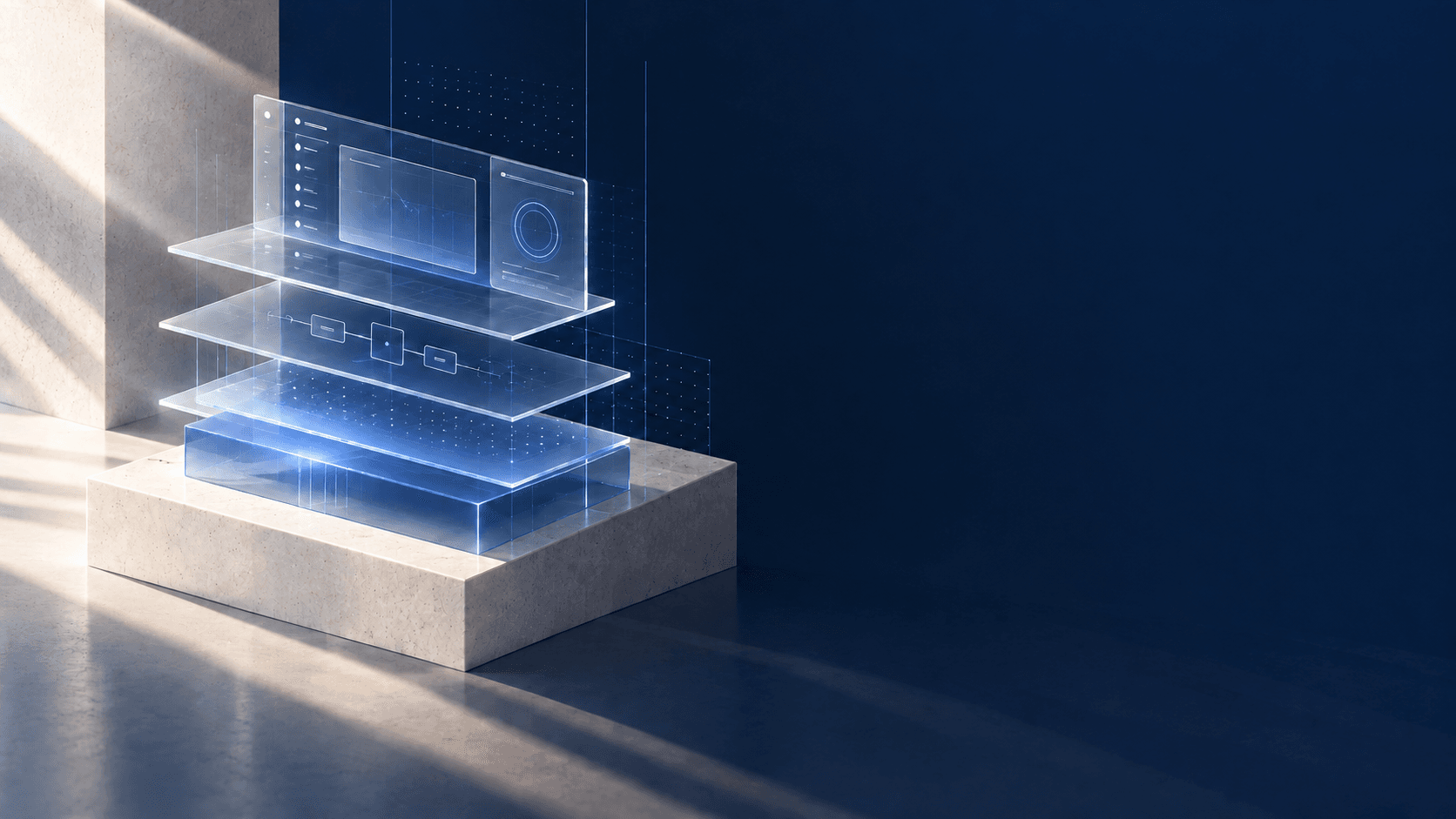 A layered operations platform visualised as connected transparent interfaces