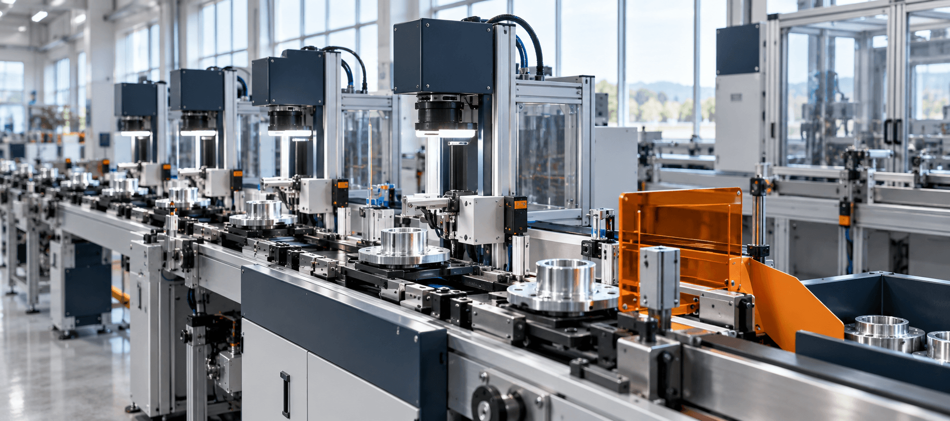 Automated inspection stations monitoring precision components on a controlled production line