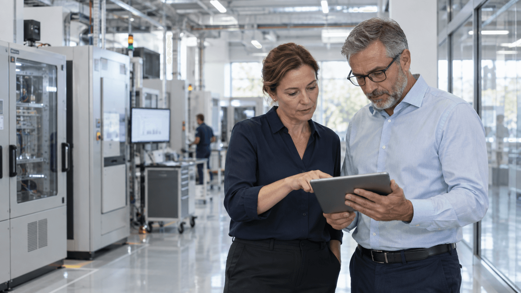 Two operations professionals reviewing a tablet in an advanced technical facility